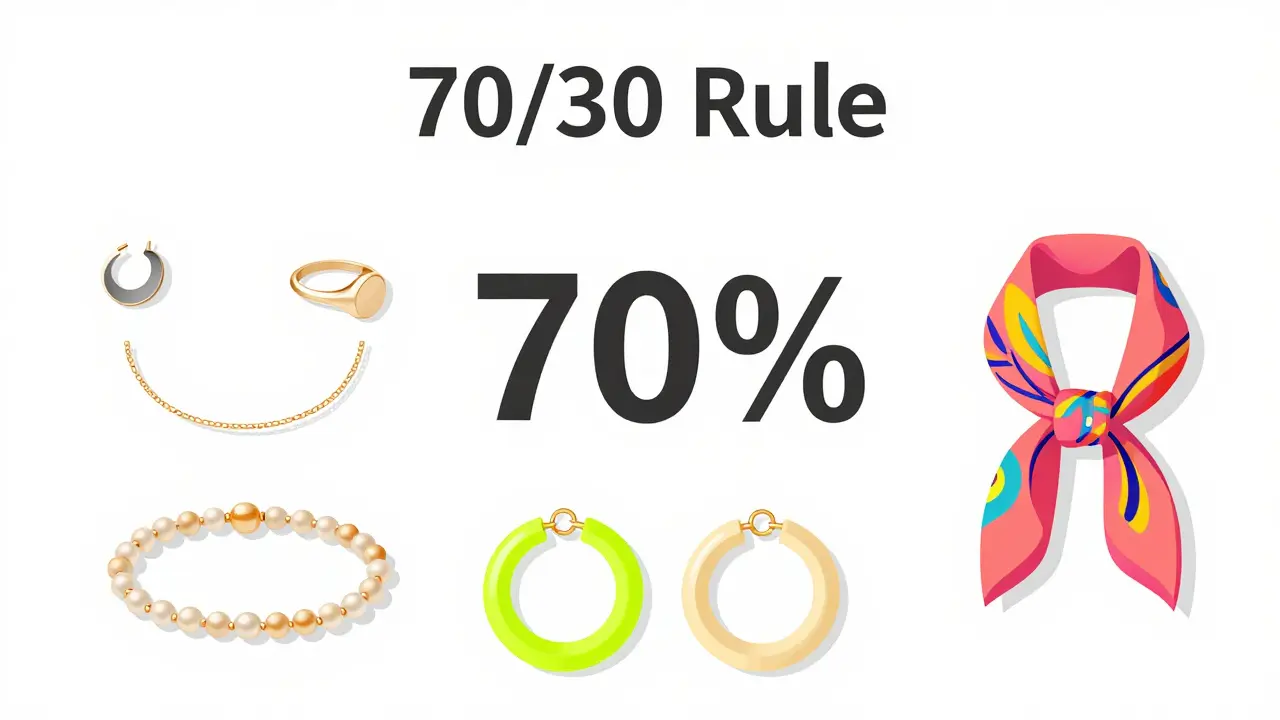 Flat lay illustrating the 70/30 rule for balancing fine and fashion jewelry