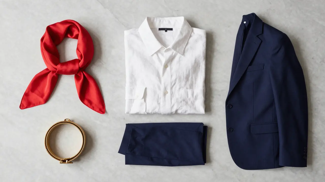Flat lay of basic clothes with blazer, scarf, and belt