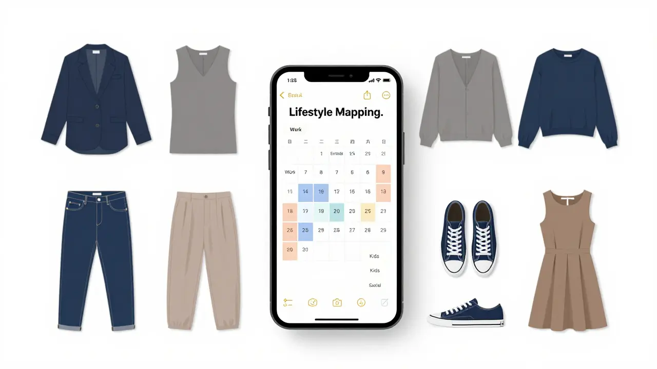 Flat lay of clothes grouped by activity categories around a calendar