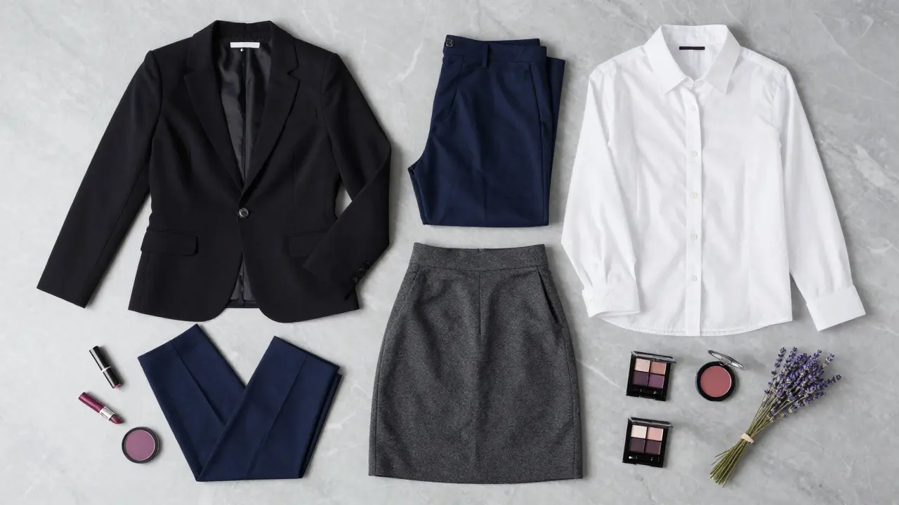 Flat lay of cool-toned clothing and makeup including navy, white, and berry shades