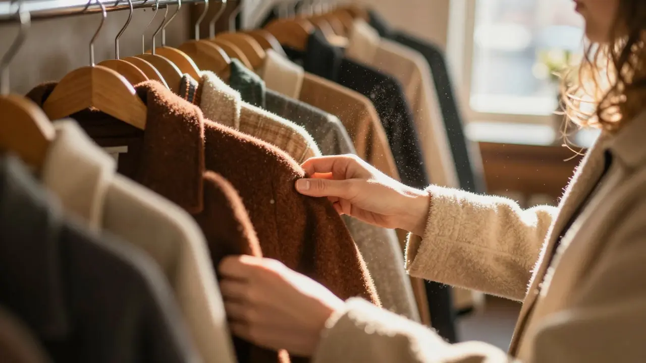 Hands browsing vintage coats in sunny thrift store