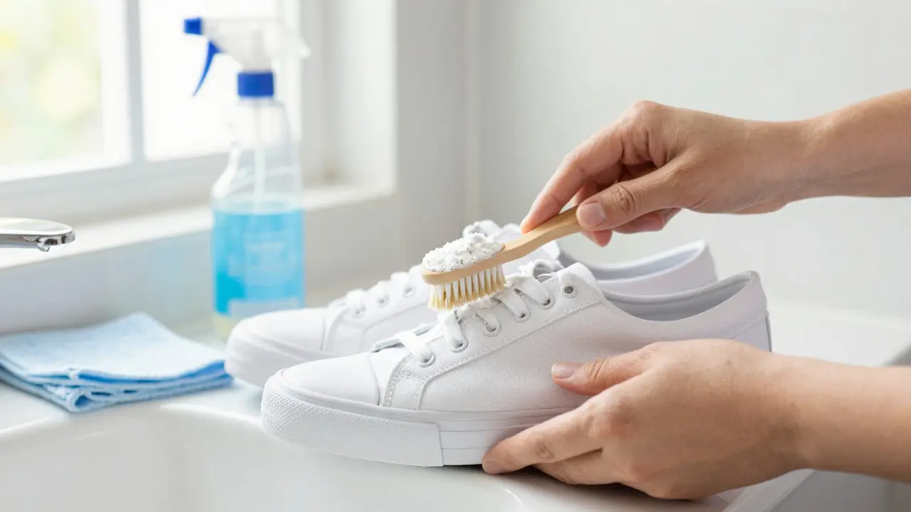 Hands cleaning white canvas sneakers with toothbrush and paste