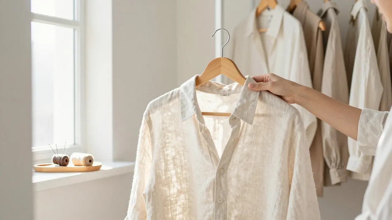 Hands hanging a linen shirt in a sunlit closet with mending tools nearby.