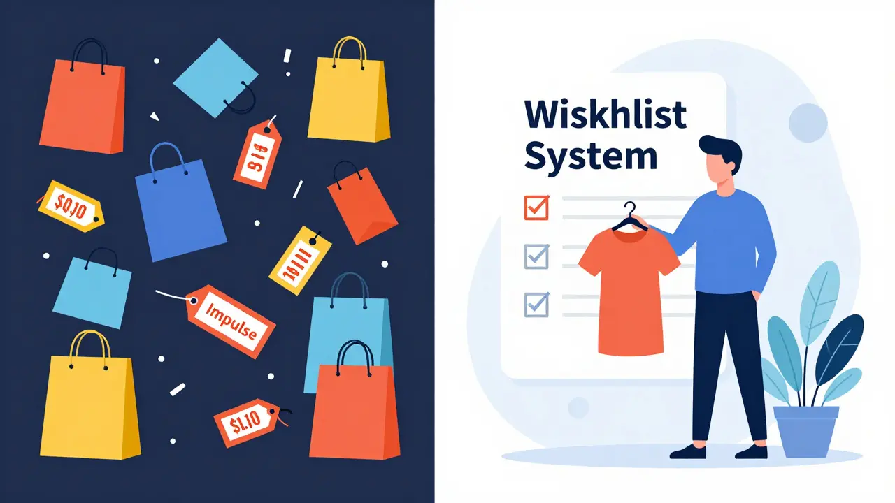 Illustration comparing chaotic impulse buys to mindful wishlist