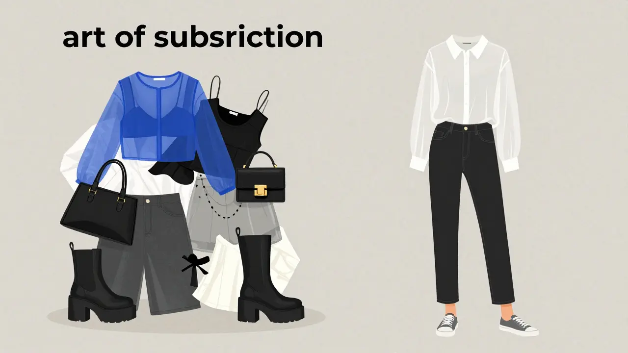 Illustration comparing cluttered trends to minimal outfit