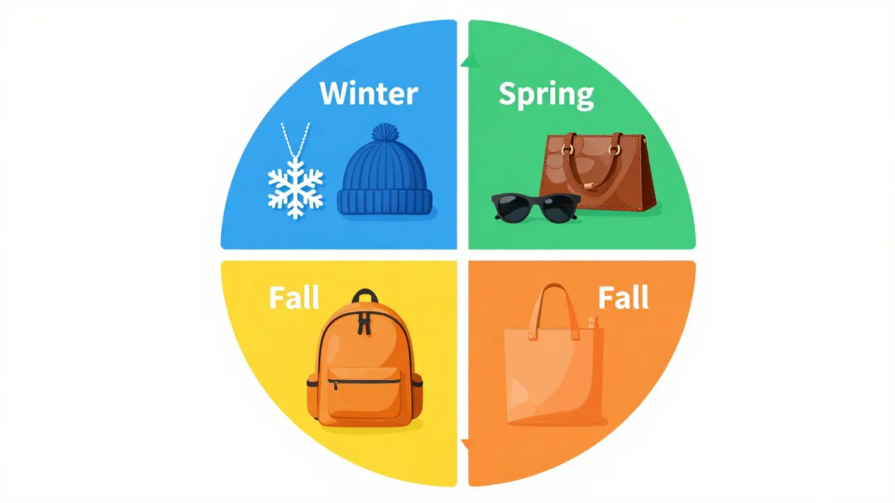 Illustration of a seasonal retail calendar showing best times to buy specific fashion accessories.