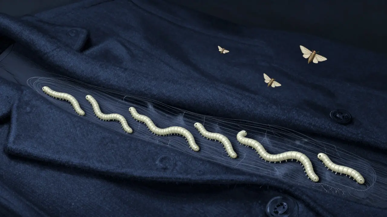 Illustration of moth larvae eating inside wool fabric folds