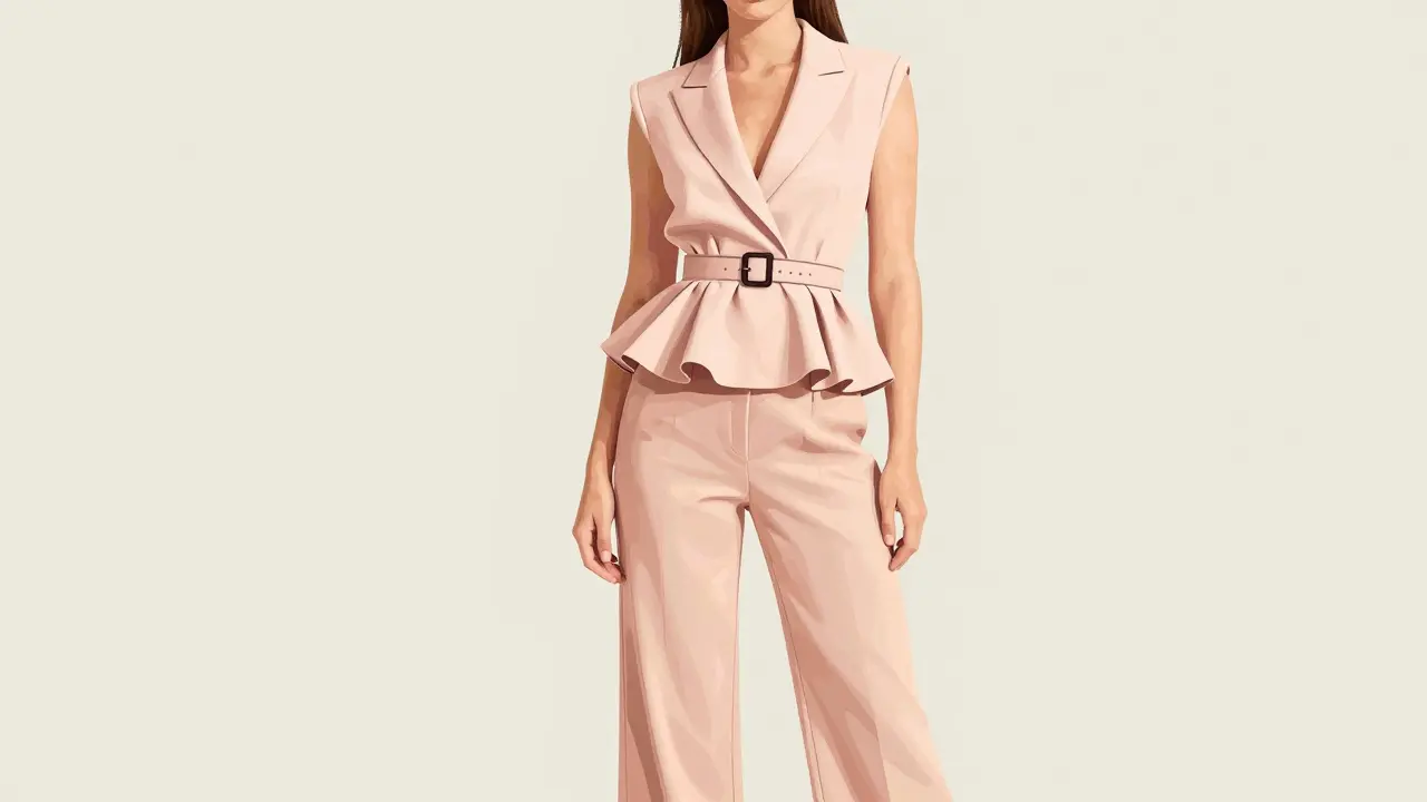 Illustration of peplum top and wide-leg pants creating curves on a straight silhouette.