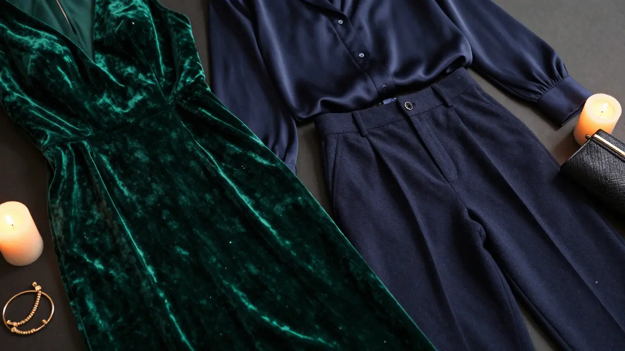 Luxurious velvet and silk fabrics in jewel tones with gold jewelry accessories.