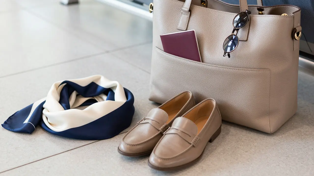 Minimalist loafers, structured tote bag, and silk scarf on airport floor