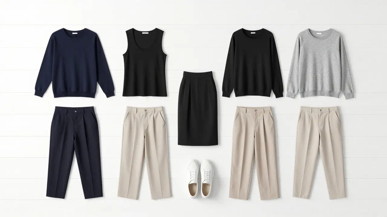 Neatly arranged neutral capsule wardrobe items on a white floor