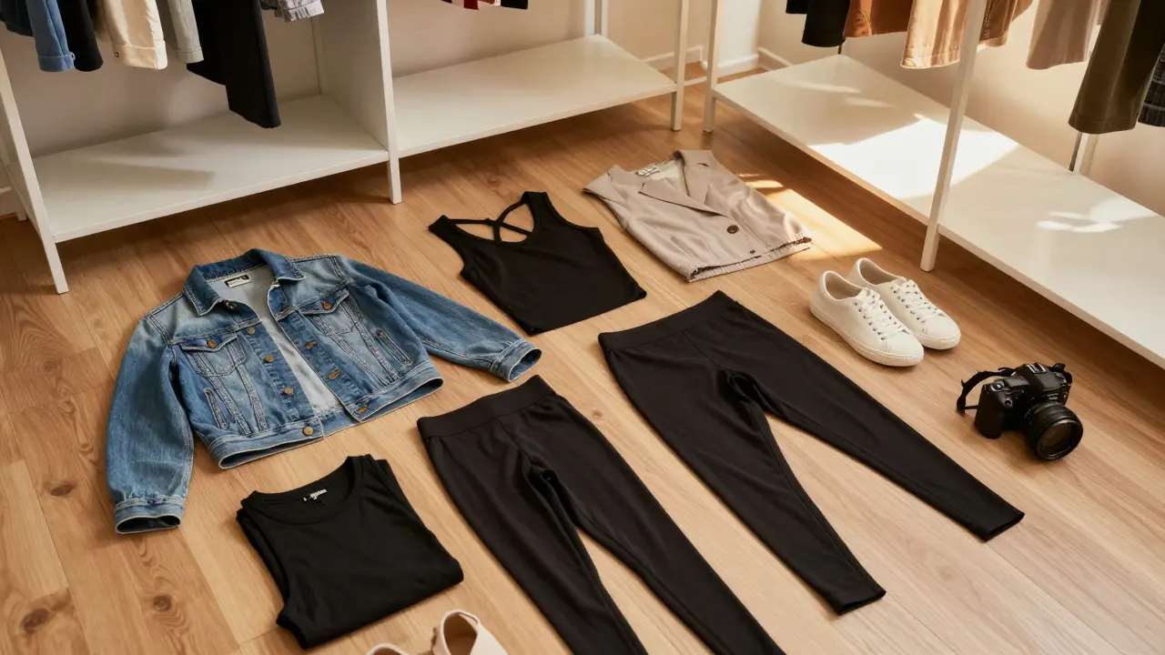 New and old clothes arranged into outfits on a wooden floor
