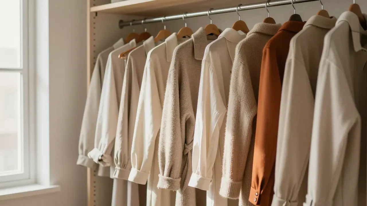 Organized capsule wardrobe with neutral basics and one accent