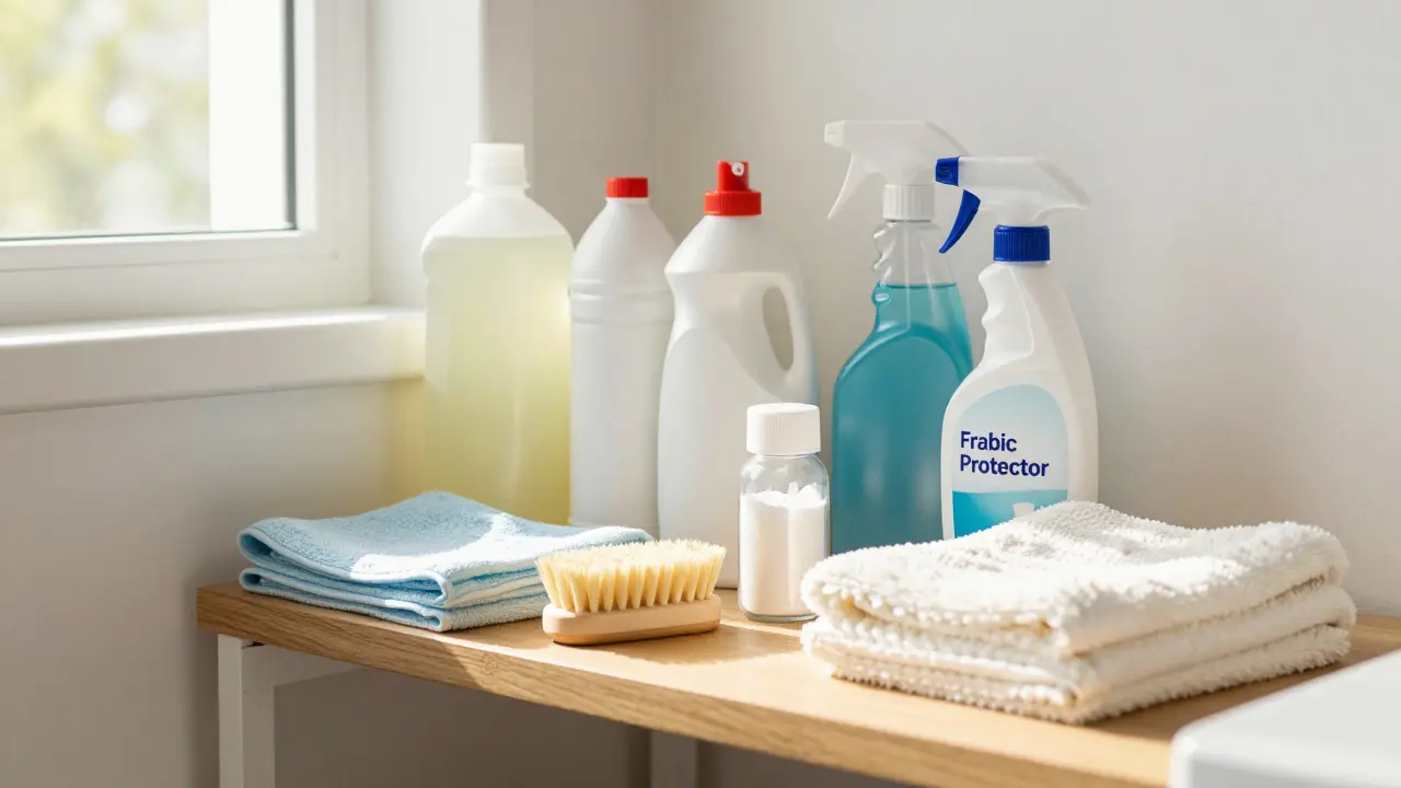 Organized stain removal supplies like vinegar and enzyme cleaners