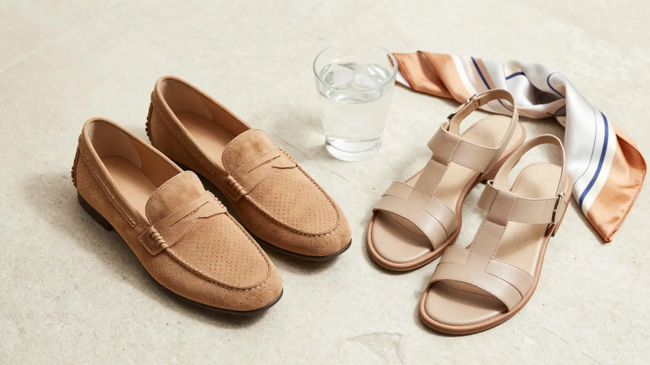 Perforated leather loafers and strappy sandals on stone floor