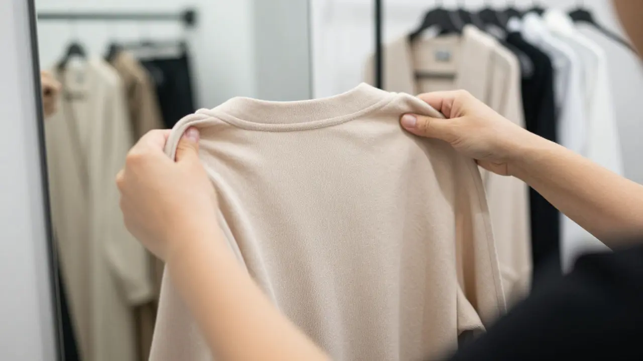 Person checking garment fit in a bright fitting room mirror