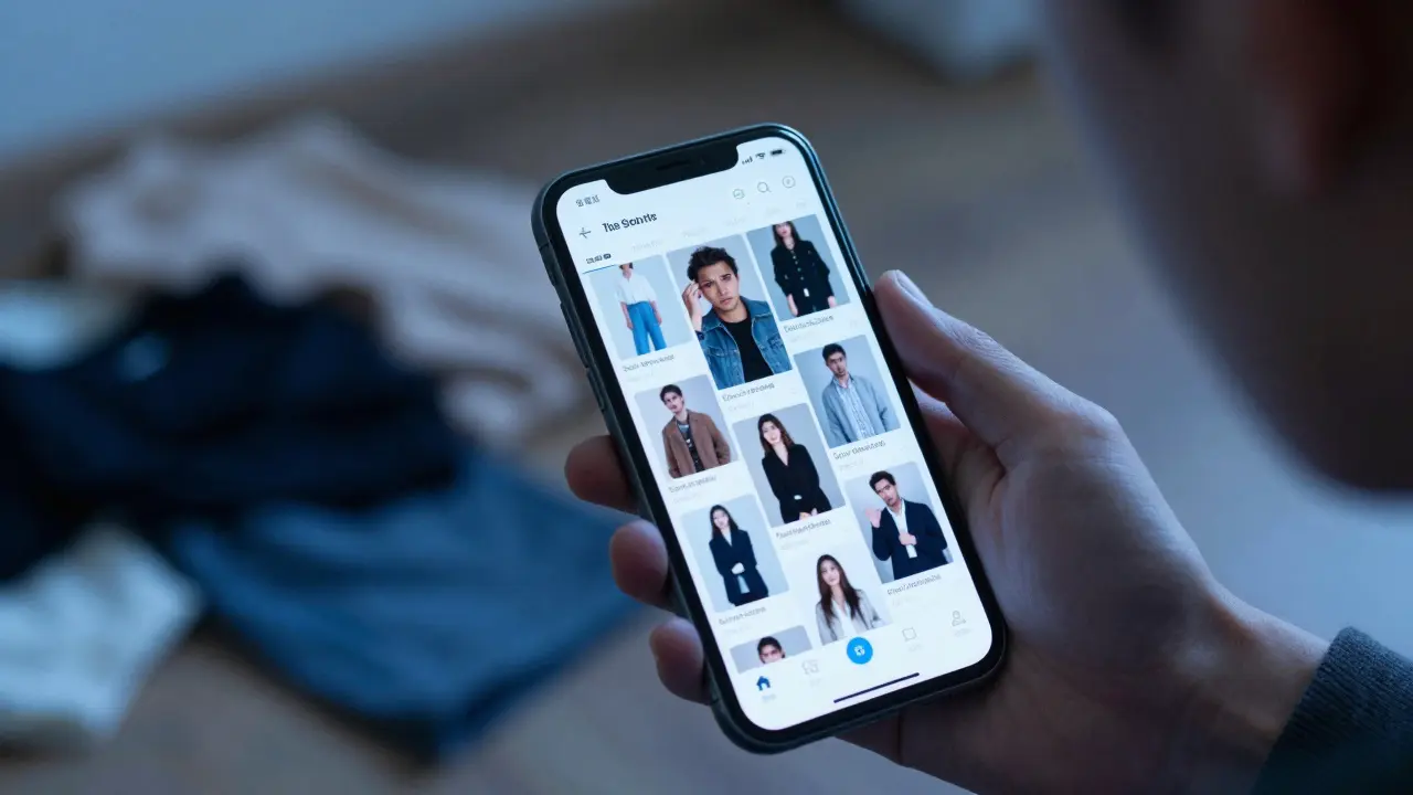 Person scrolling social media with pile of discarded clothes