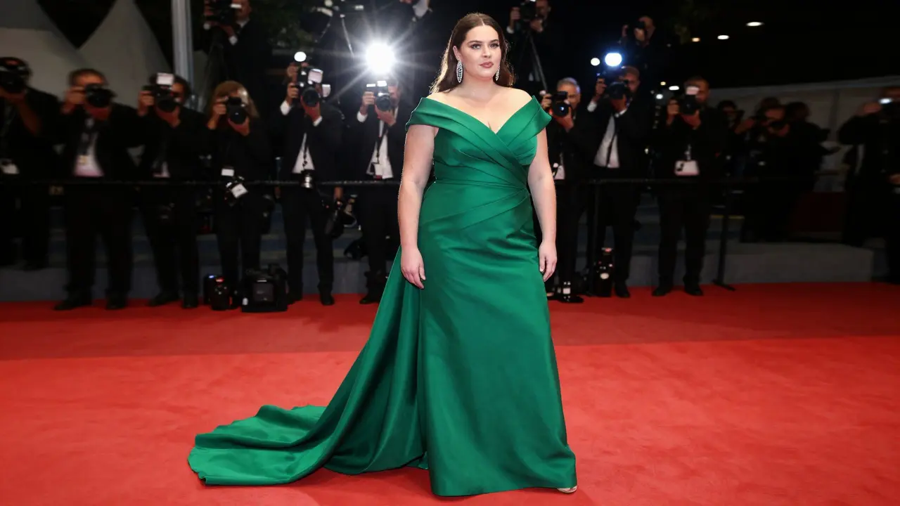 Plus-size model in an elegant green gown posing on a glamorous red carpet.
