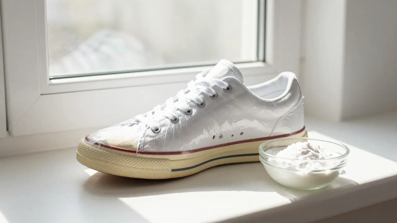 Sneaker sole wrapped in plastic for sunlight whitening treatment