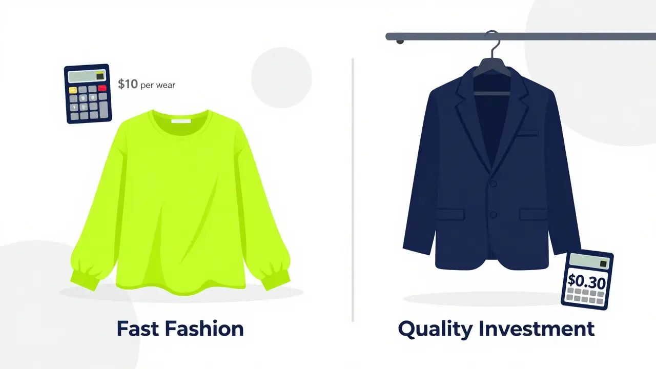 Split illustration comparing cheap fast fashion blouse with expensive quality blazer.