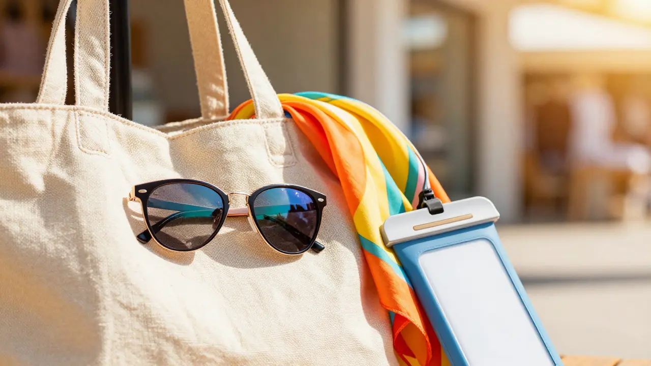 Summer accessories like sunglasses and beach bags displayed under bright sunlight for mid-year sales.
