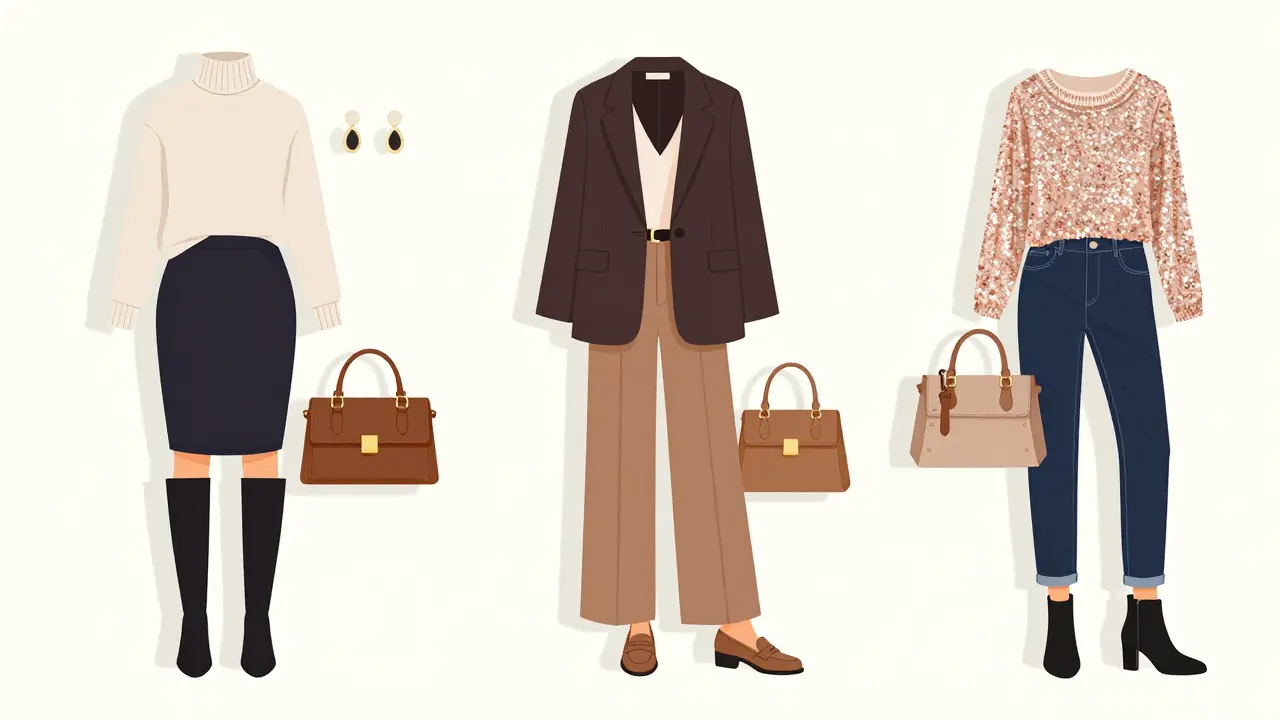 Three stylish corporate holiday outfits laid out: classic, chic, and festive glam.