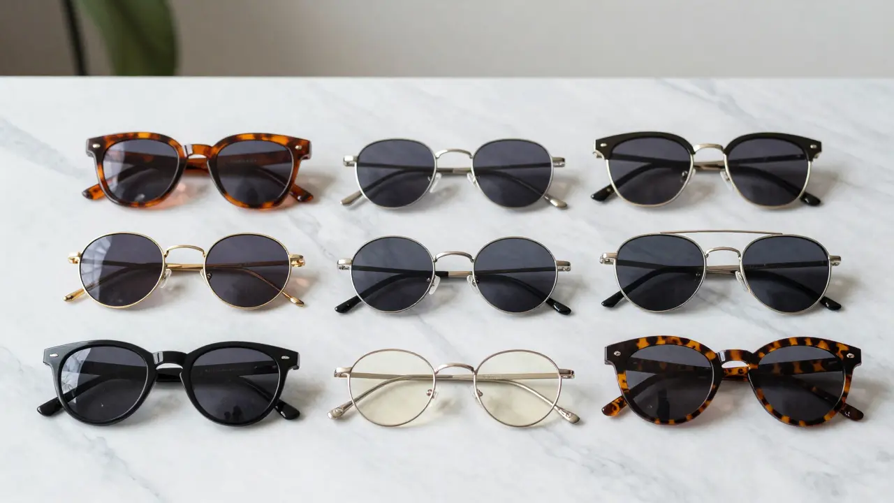 Various sunglass frame styles displayed on marble surface
