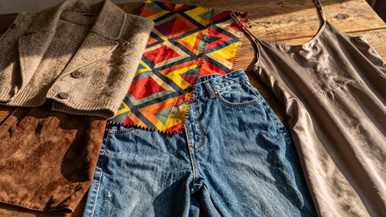 Vintage fabric swatches from the 70s, 80s, and 90s displayed on a wooden table