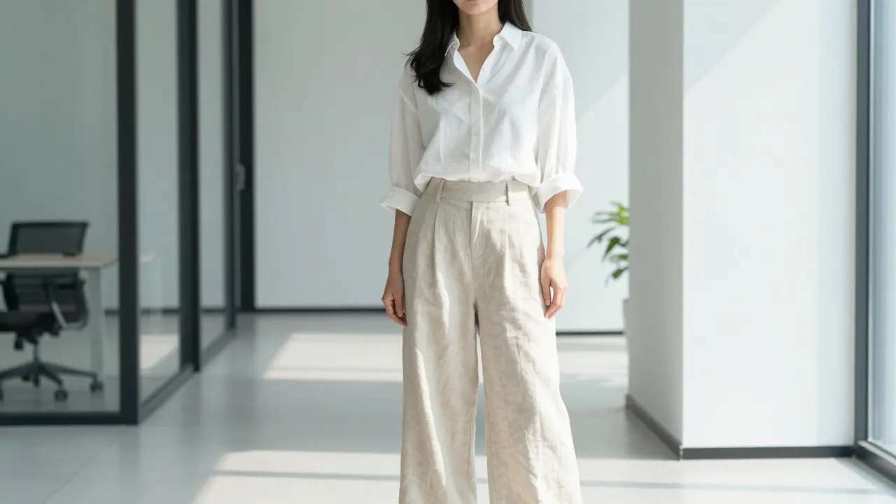 Woman in wide-leg linen trousers and loose blouse in sunny office