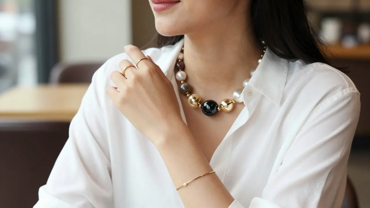 Woman wearing a bold fashion necklace with minimal fine jewelry studs