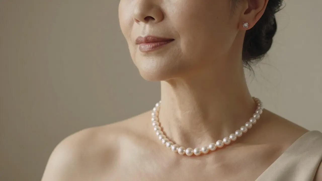 Woman wearing delicate pearl necklace and diamond studs with calm confidence.