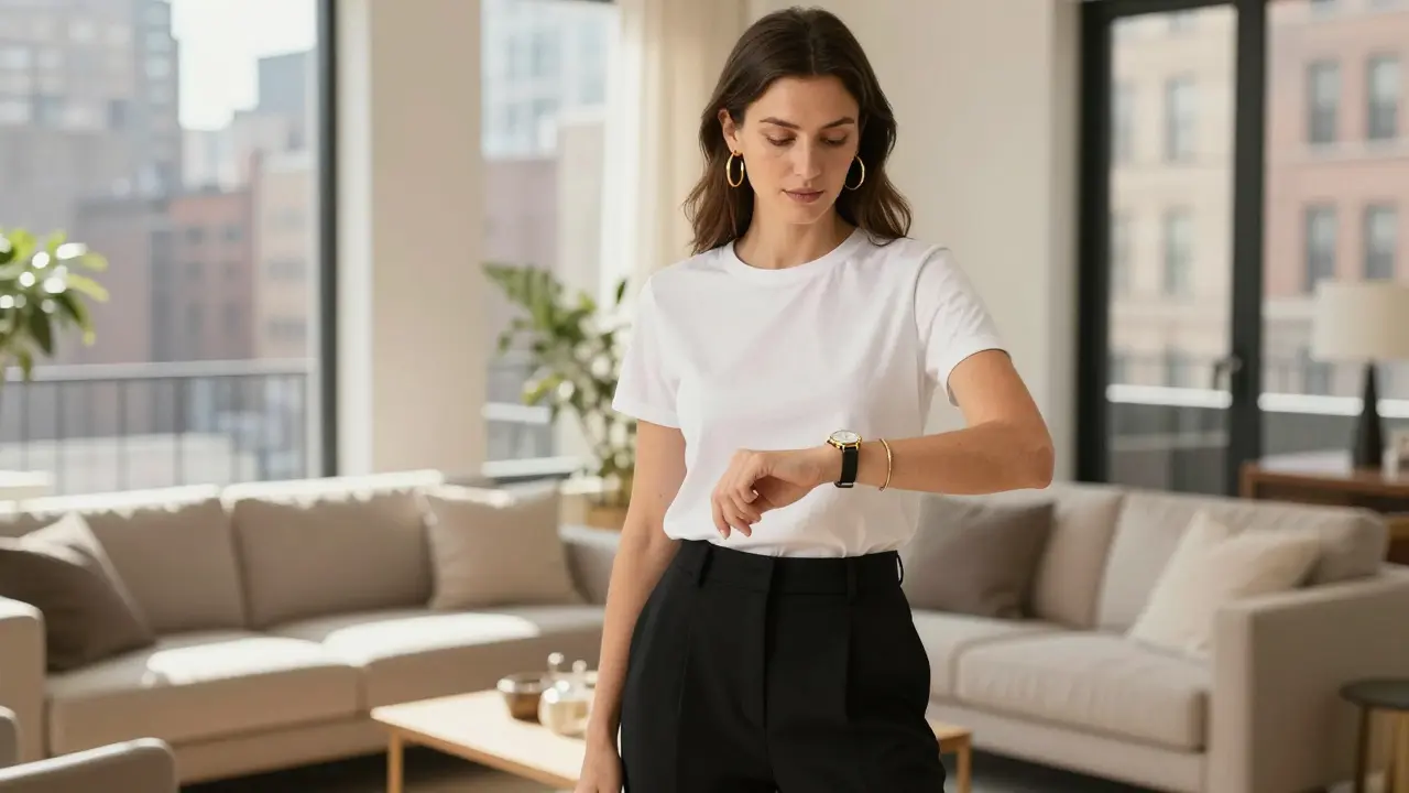 Woman wearing minimalist gold accessories in casual attire