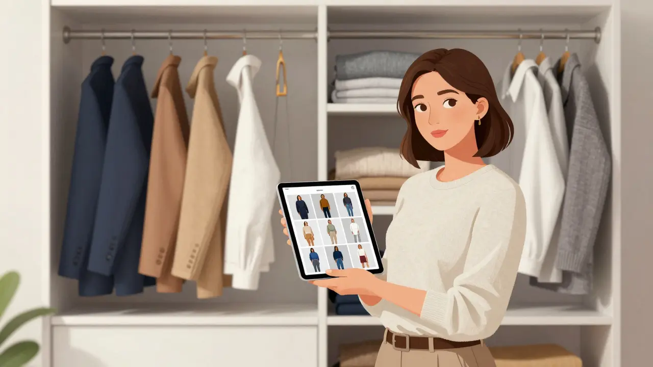 Woman with tablet viewing outfit ideas next to organized capsule wardrobe closet.