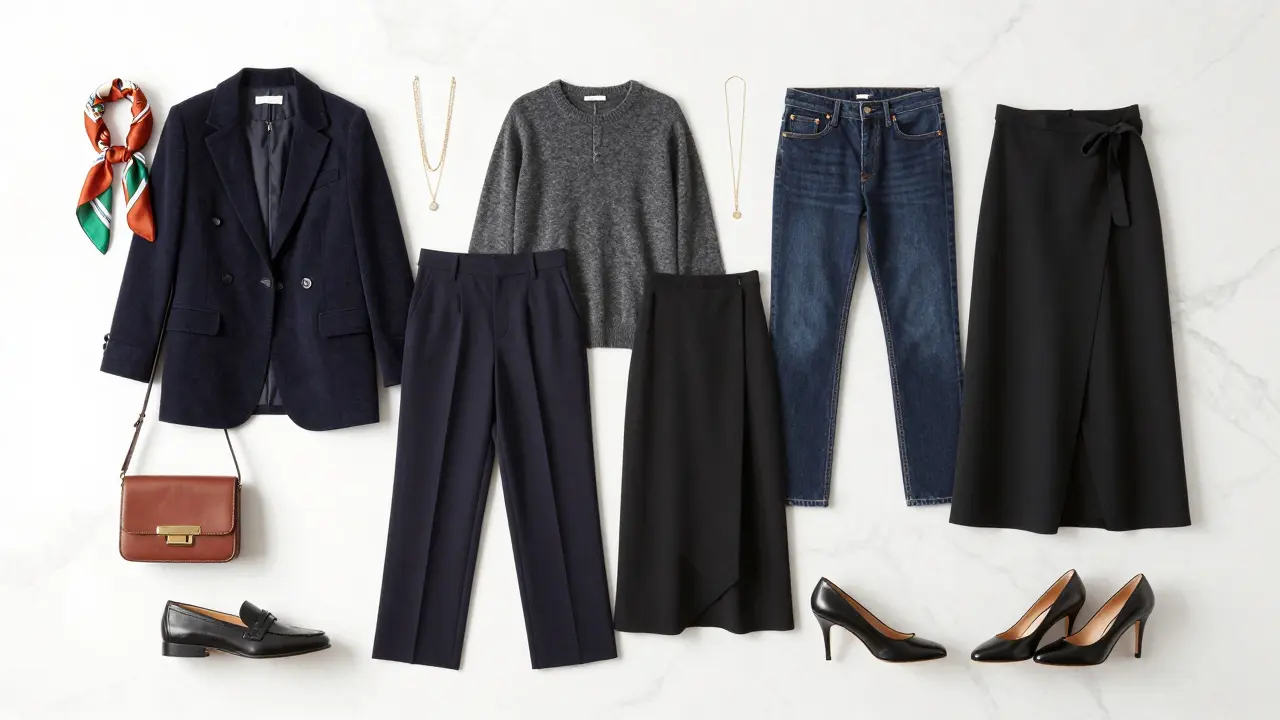 Capsule wardrobe flat lay with neutral transitional clothes