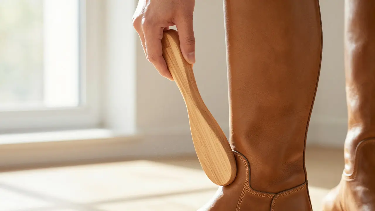 Cedar wood boot shaper supporting a leather boot