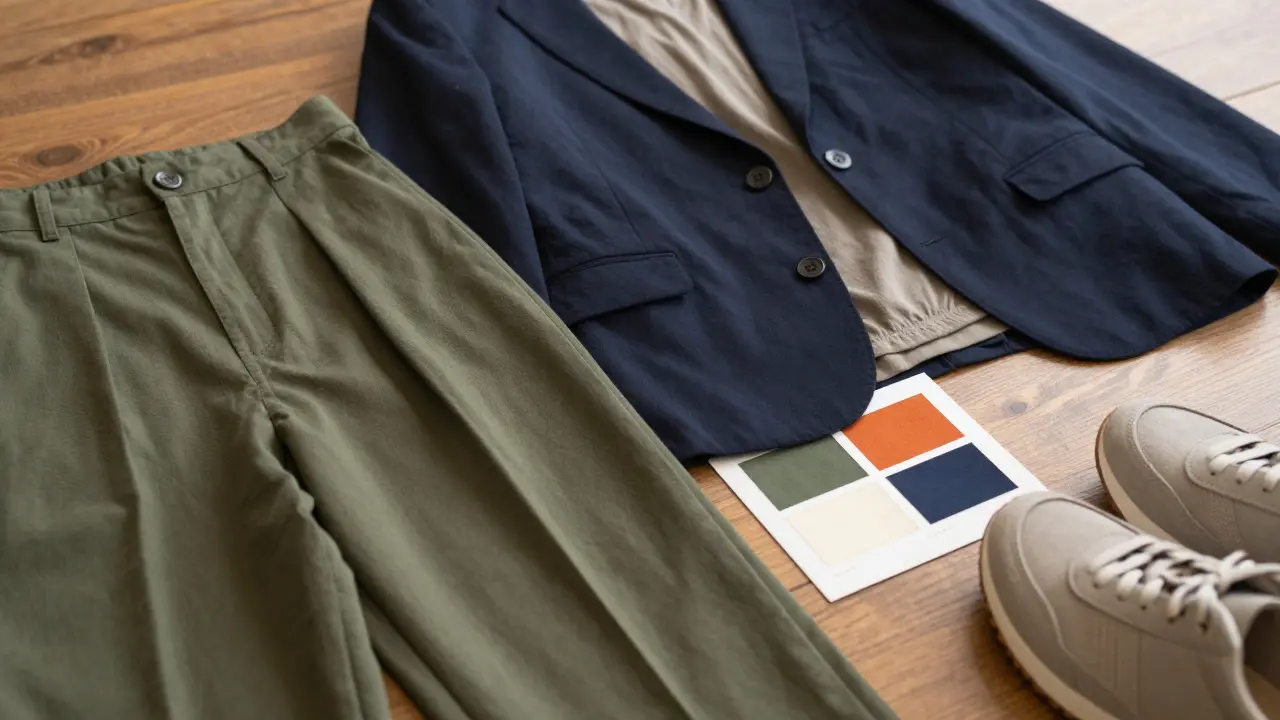 Close-up of coordinated plus-size capsule wardrobe pieces including blazer, trousers, and shoes