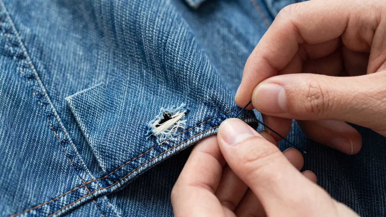 Close-up of hands stitching a denim patch onto the inside of a jacket.