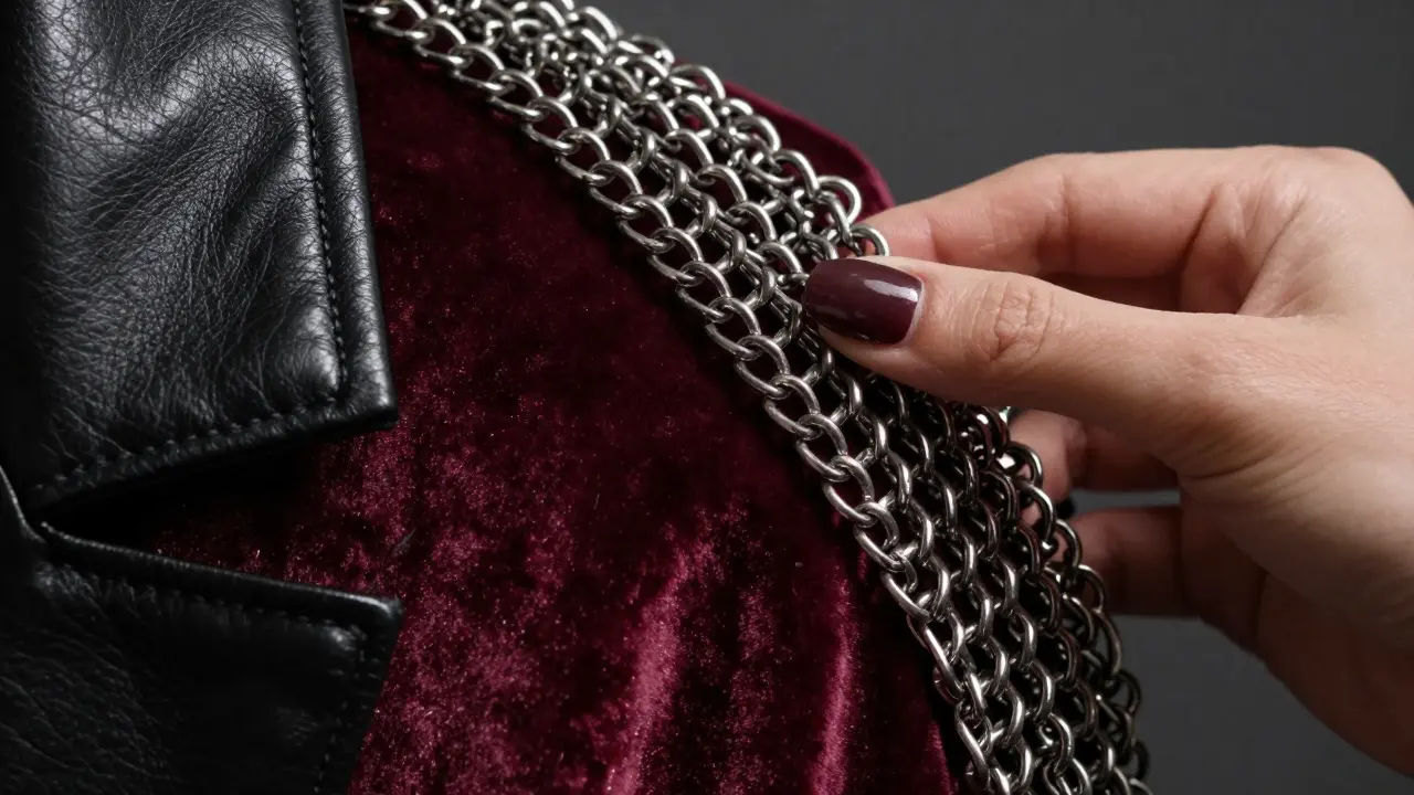 Close-up of mixed textures: pleather, velvet, and silver chainmail