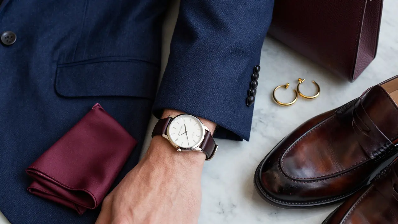 Close-up of stylish accessories like watches, shoes, and fabric textures.