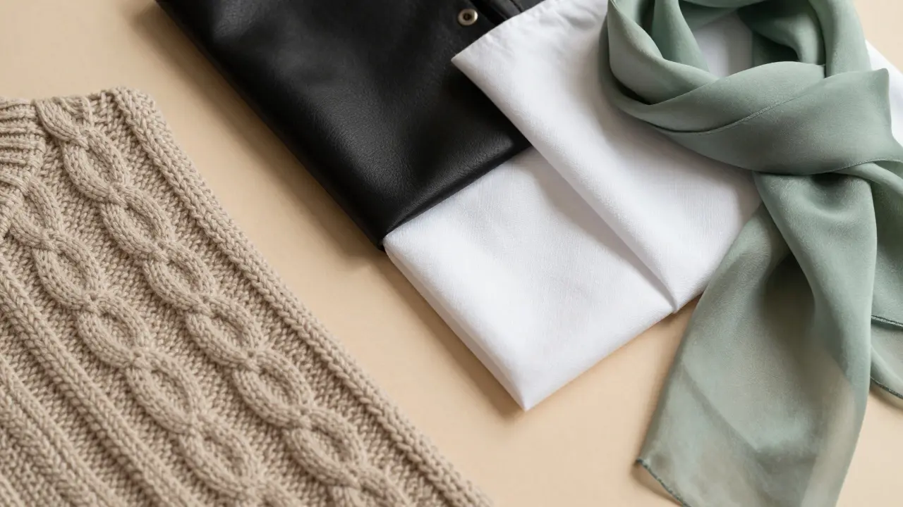 Close-up of textured fabrics like wool, leather, and silk in neutral tones