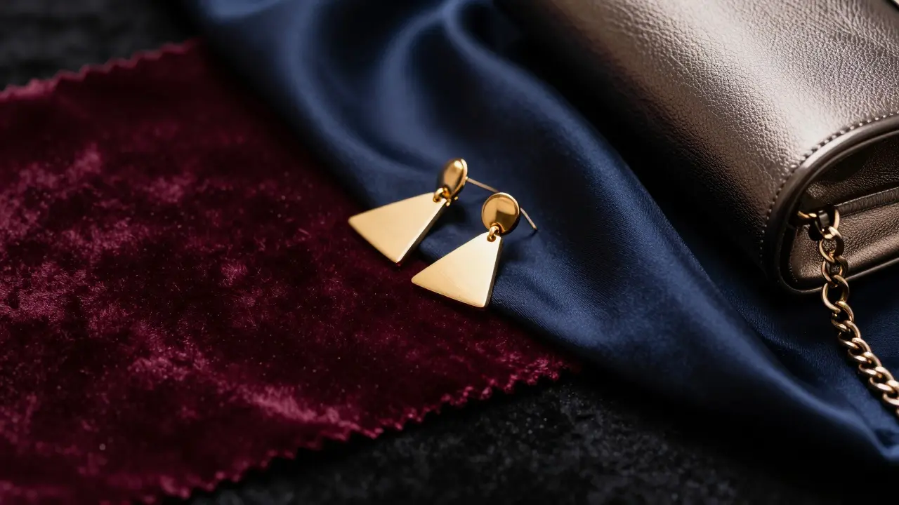 Close-up of velvet, satin, gold earrings, and metallic clutch