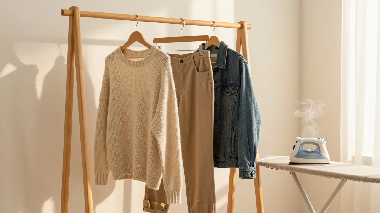 Clothing rack with repaired garments in a sunlit, cozy room.