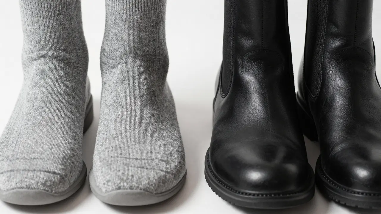 Comparison of grey knit and black leather sock boots