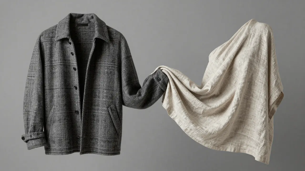 Comparison of heavy wool structure versus soft linen drape on fabrics