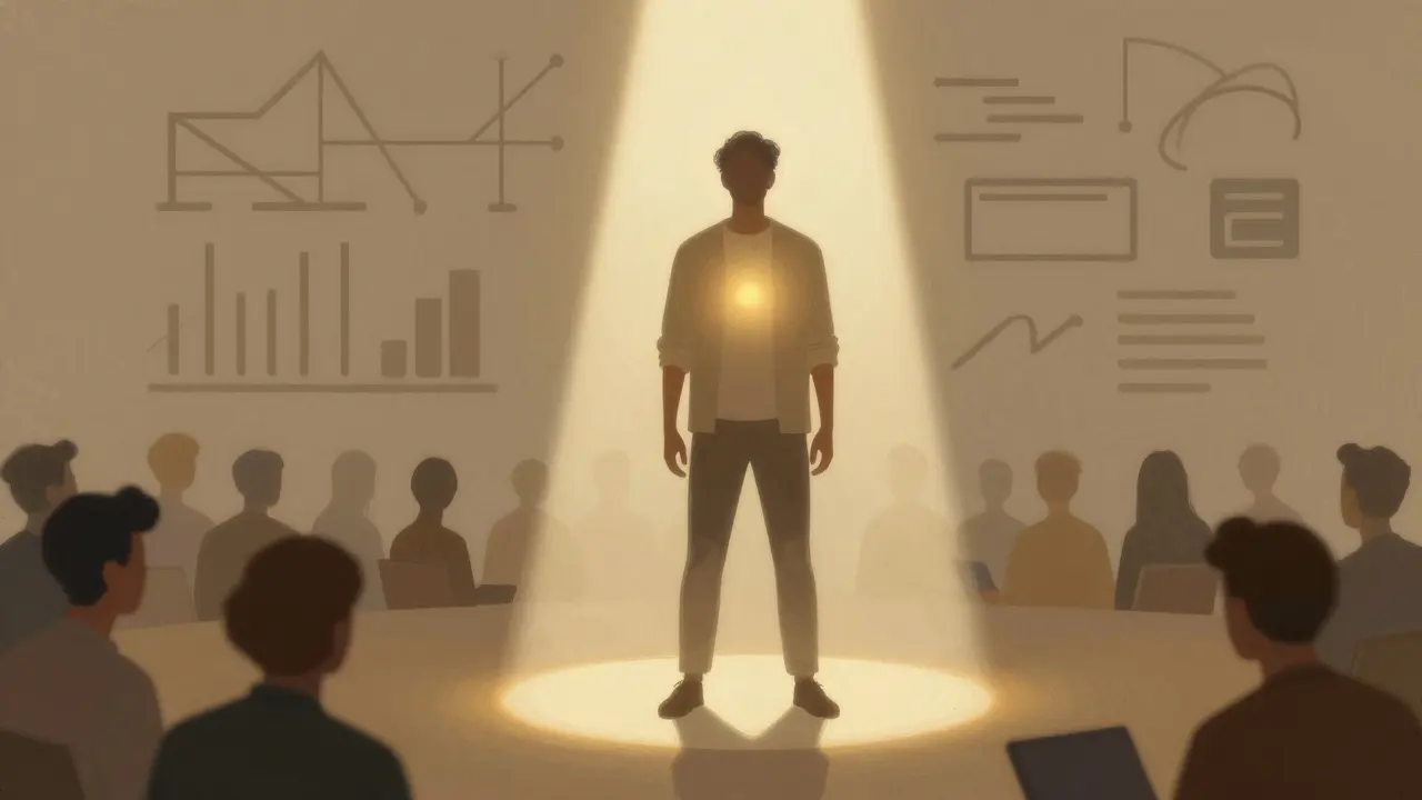 Confident figure in neutral attire surrounded by abstract industry symbols.
