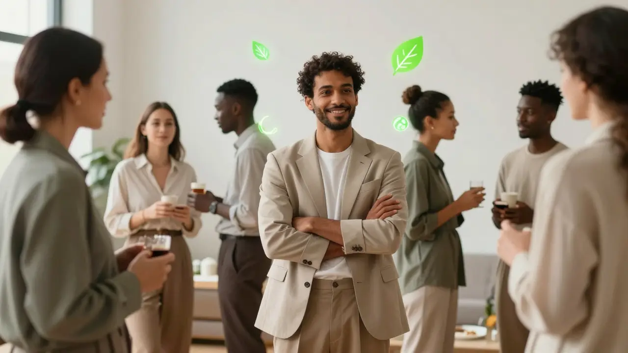Confident person at mixer with subtle eco-symbols promoting sustainable fashion