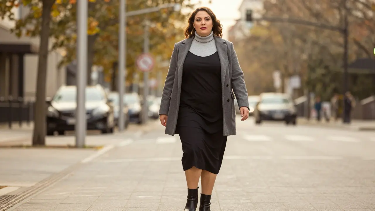 Confident plus-size woman wearing a layered, versatile outfit in an urban autumn setting