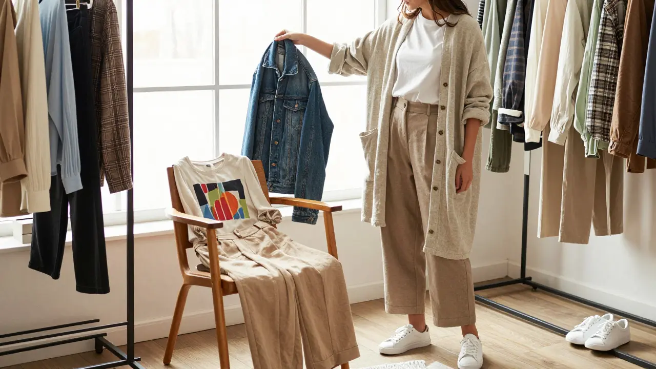 Creative freelancer styling layered earth-tone outfits by window