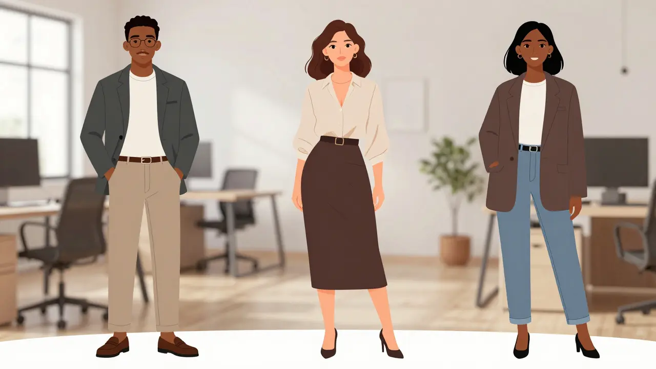 Diverse professionals showcasing gender-inclusive business casual styles in a modern setting.