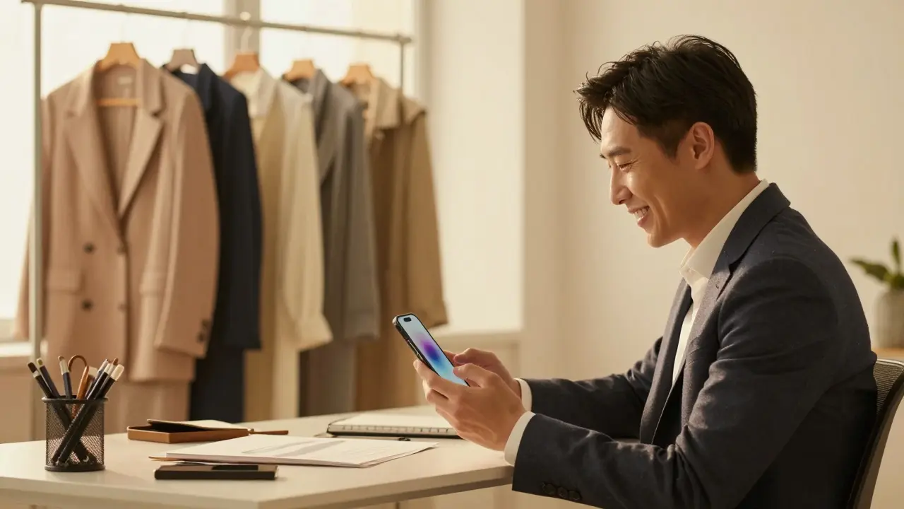 Executive using phone for styling advice with coordinated outfits nearby